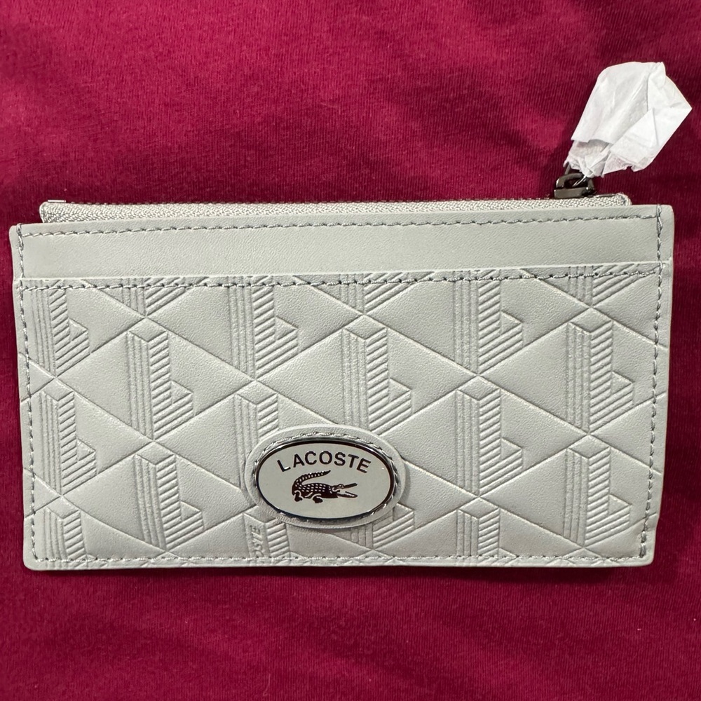 Lacoste gray Embossed Leather Zip Card Wallet